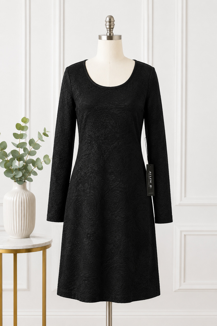 Allen B Allen Schwartz Black Textured Knit Shift Dress Large Long Sleeves NWT